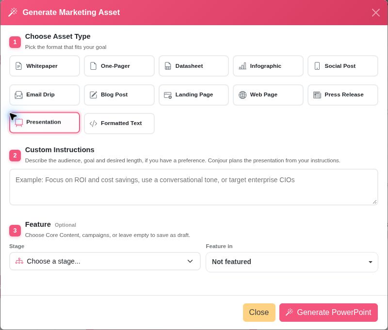 Conjour asset generator with Presentation selected and a Generate PowerPoint action
